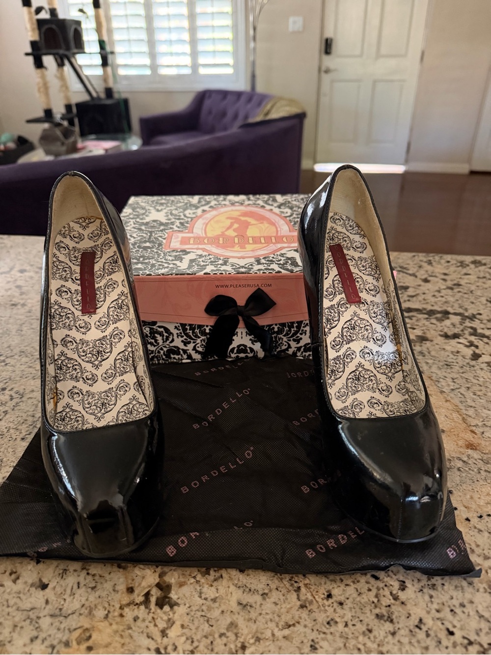 Bordello Black Patent Platform Pumps with Patterned Insole